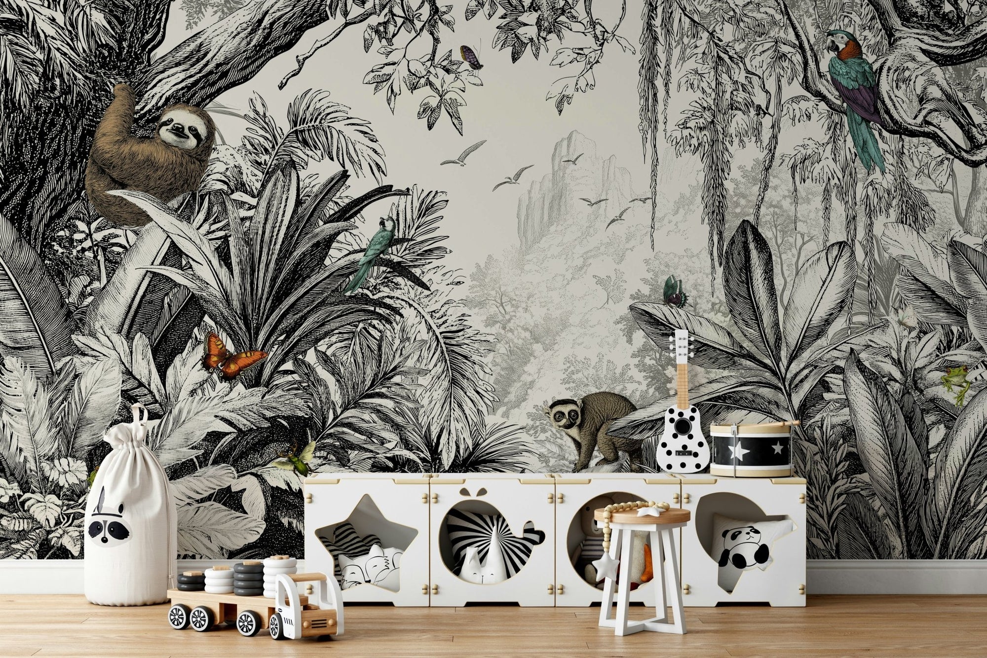 Jungle Vista black and white wall mural with foliage., GD1497