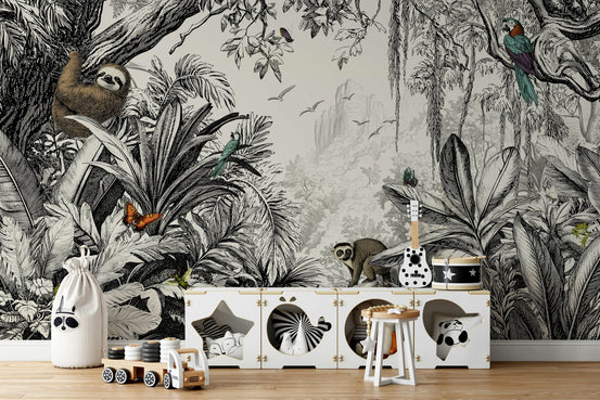 Jungle Vista black and white wall mural with foliage., GD1497