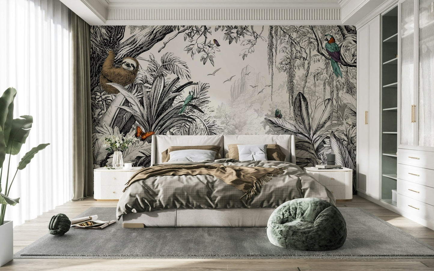 Black and off-white jungle landscape wall mural design.

