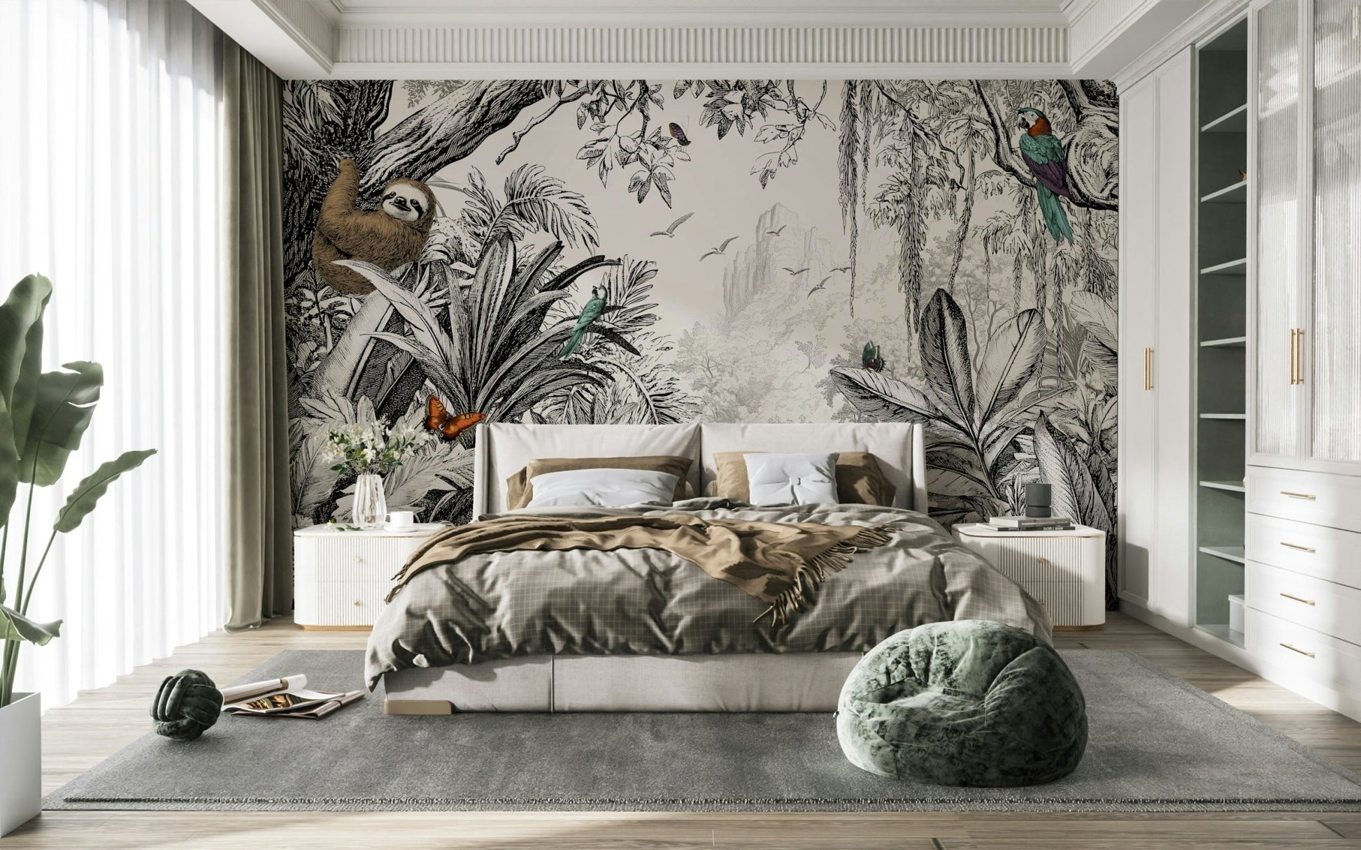 Black and off-white jungle landscape wall mural design.

