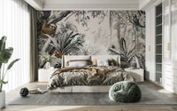 Black and off-white jungle landscape wall mural design.

