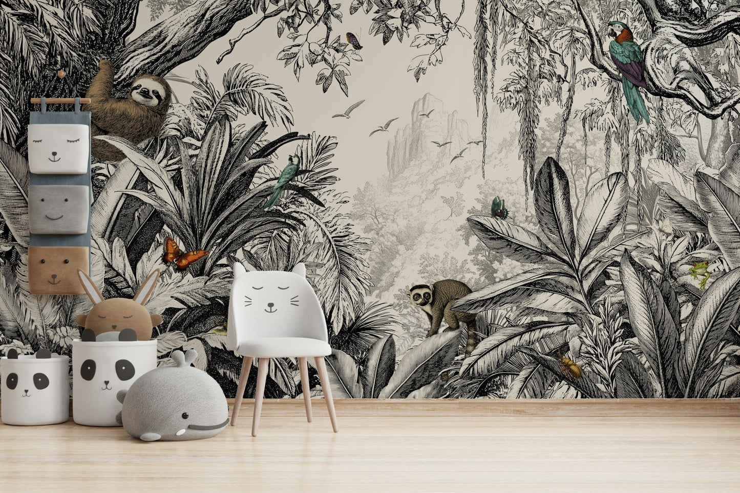 Jungle-inspired wall mural with black and white contrast.

