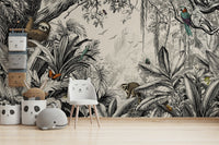 Jungle-inspired wall mural with black and white contrast.

