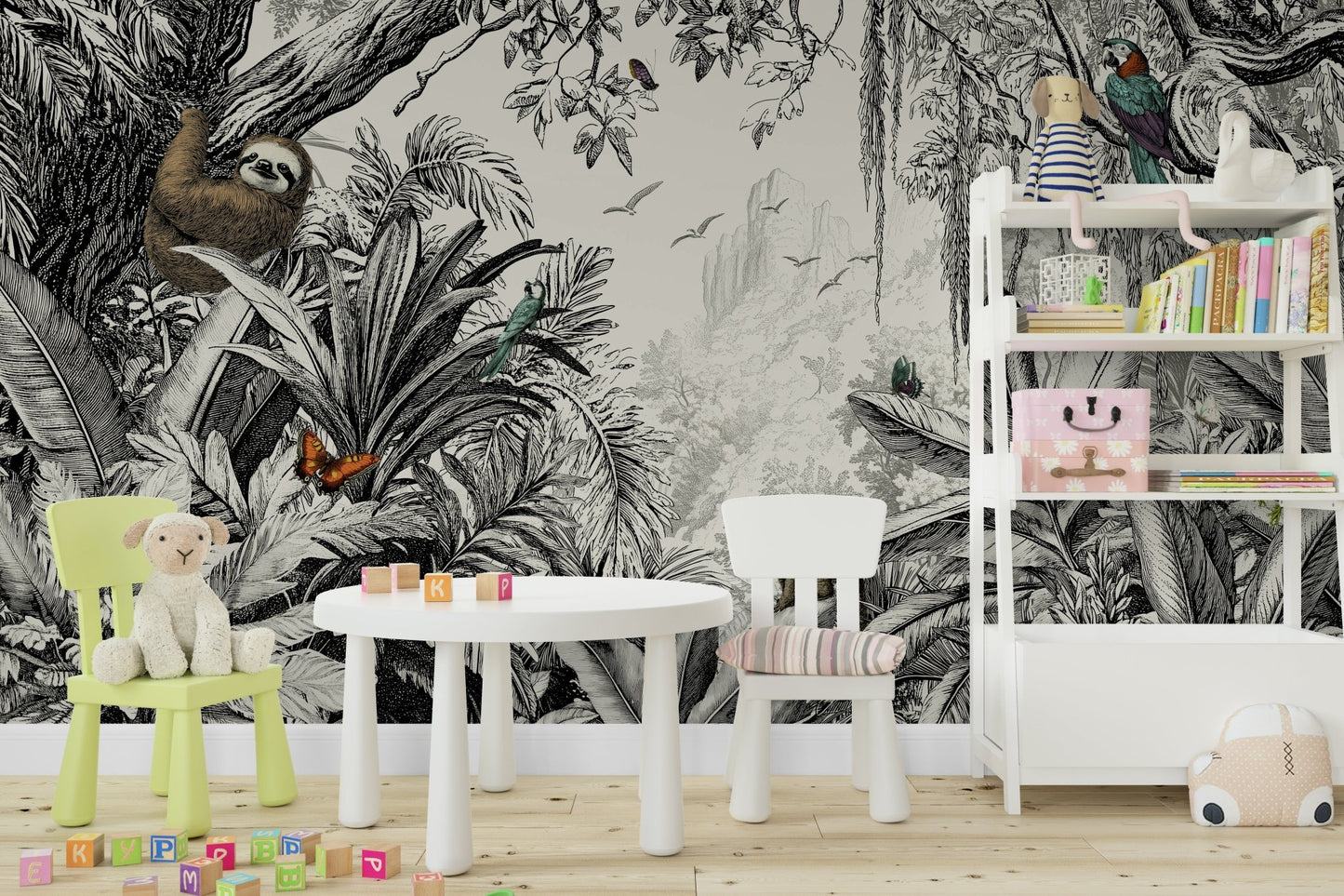 Stylish jungle mural in black and off-white tones for walls.

