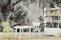 Stylish jungle mural in black and off-white tones for walls.

