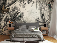 Minimalist jungle vista mural with black and white foliage.

