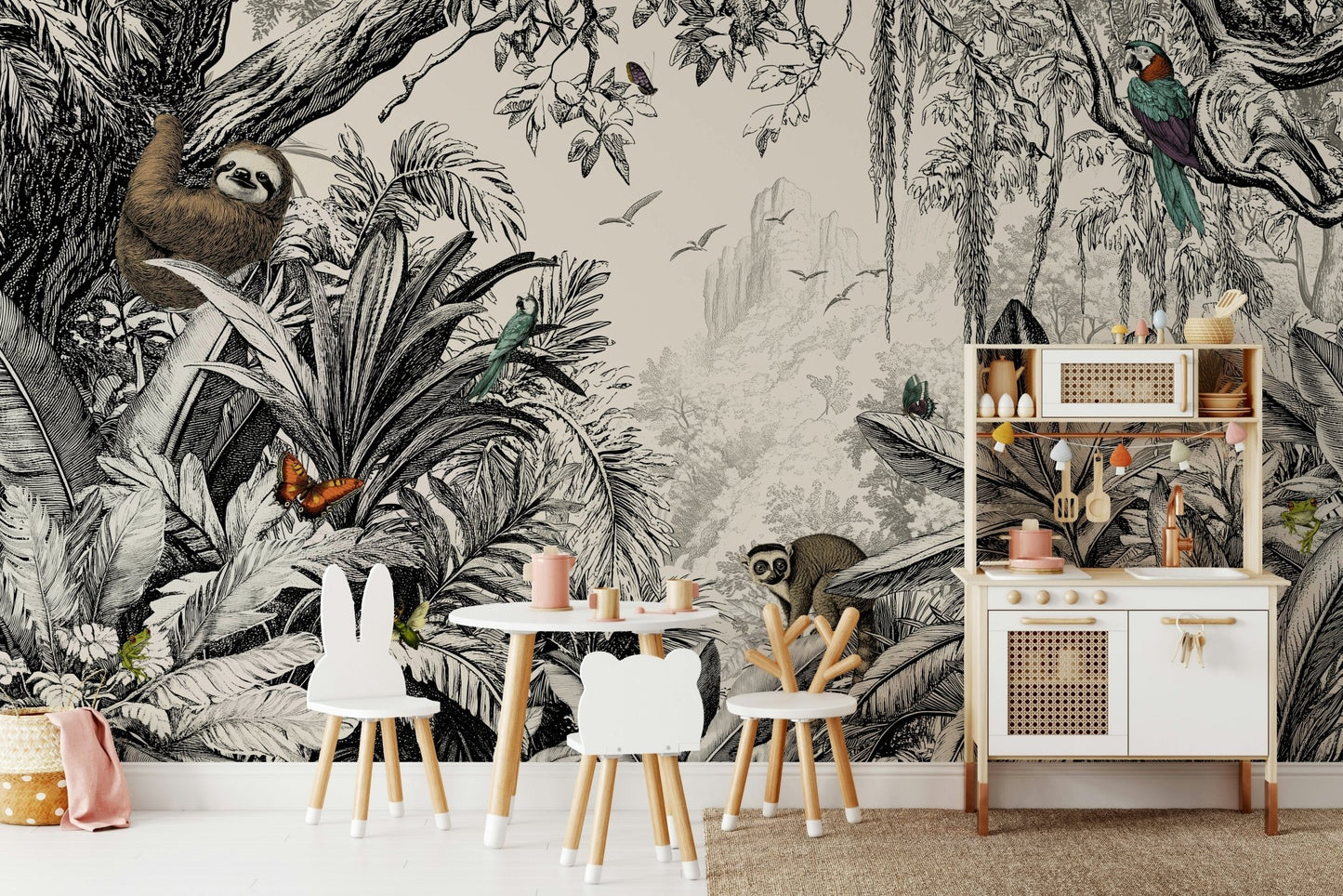 Off-white and black jungle mural for a sleek look.

