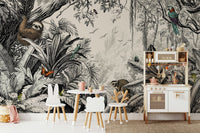Off-white and black jungle mural for a sleek look.

