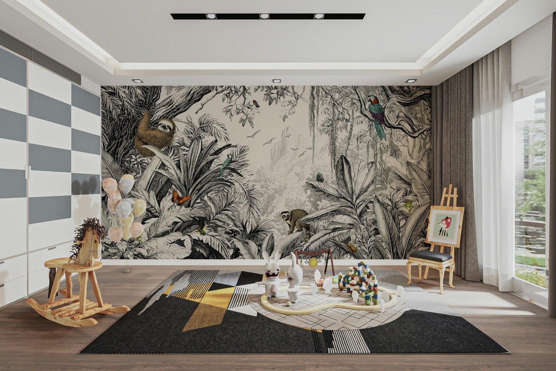 Black jungle mural featuring tropical leaves and vines.

