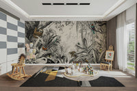 Black jungle mural featuring tropical leaves and vines.

