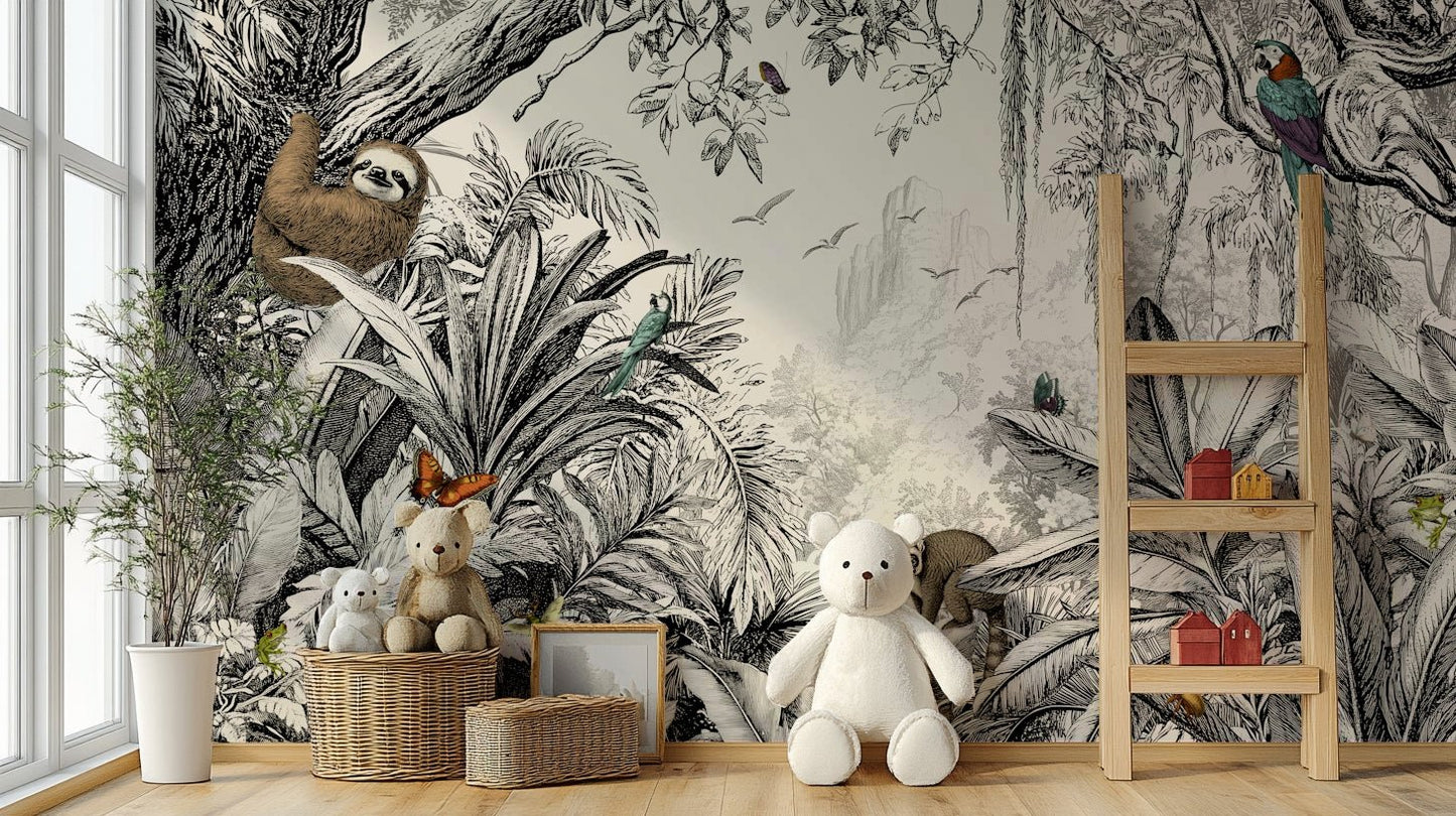 Black and off-white jungle mural showcasing lush leaves.

