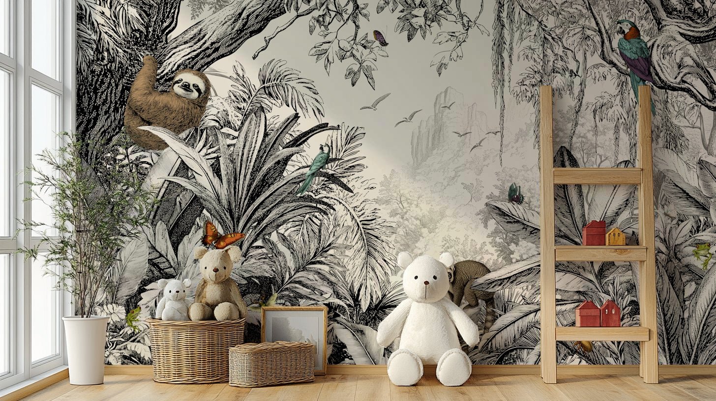 Black and off-white jungle mural showcasing lush leaves.

