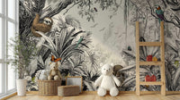 Black and off-white jungle mural showcasing lush leaves.

