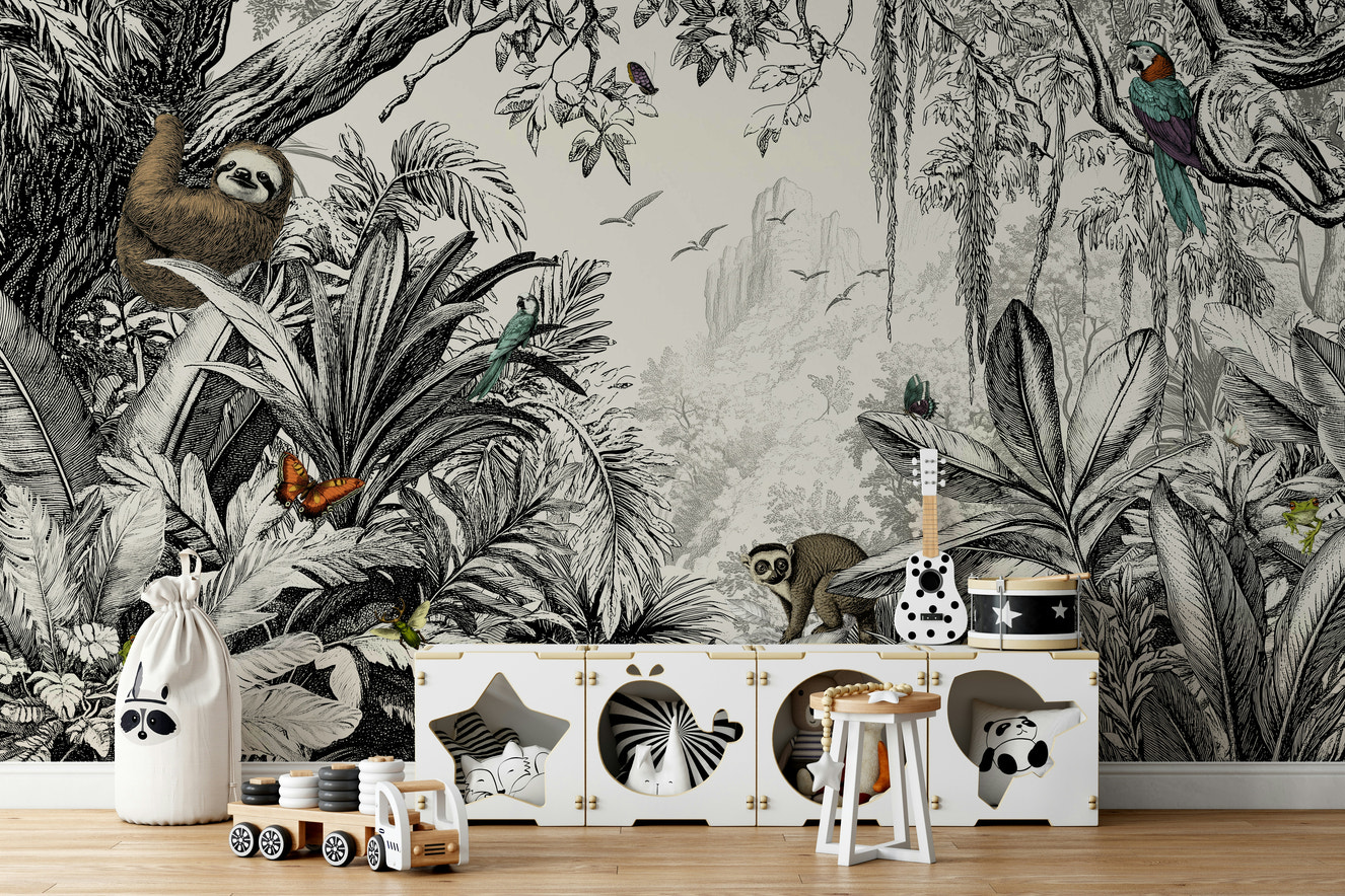 Jungle Vista black and white wall mural with foliage.

