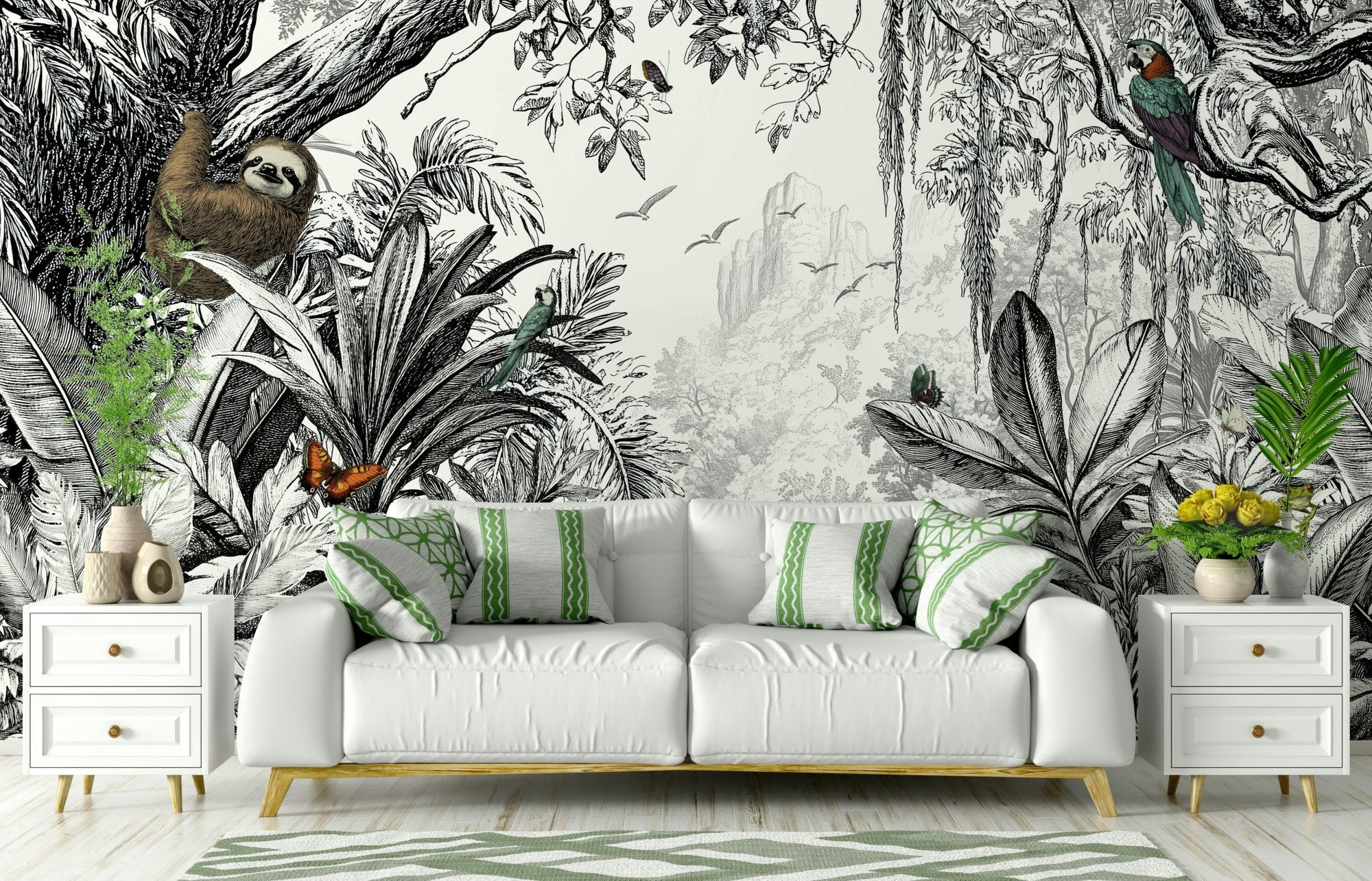 Black and white jungle mural with lush foliage., GD1496