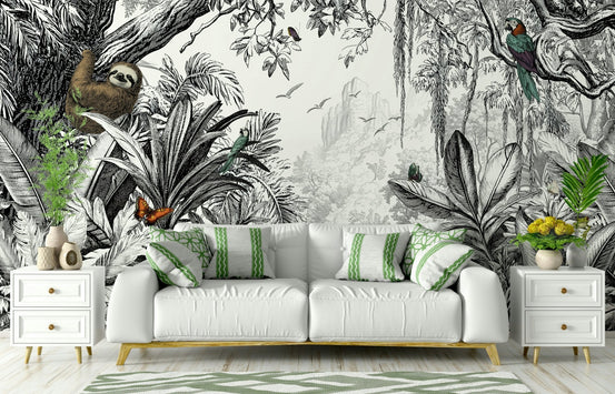 Black and white jungle mural with lush foliage., GD1496