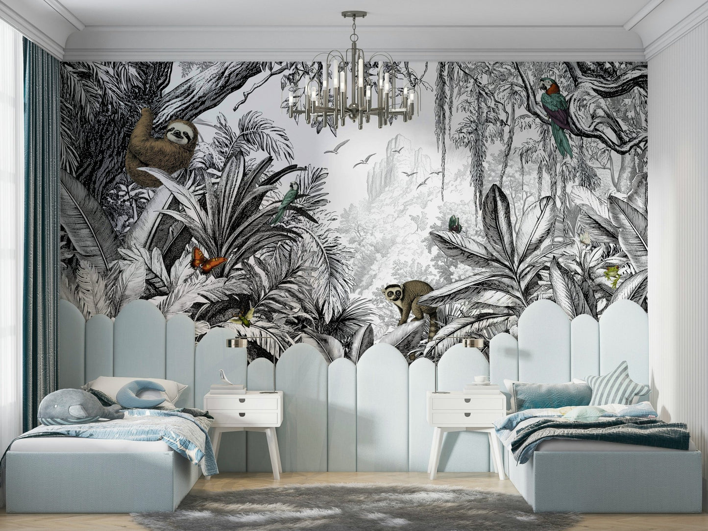 Black and white tropical forest wall art for living rooms.

