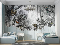 Black and white tropical forest wall art for living rooms.

