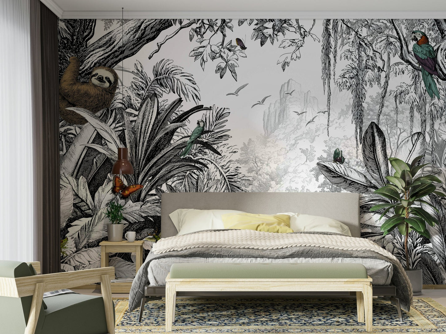 Jungle Vista black and white wall mural for modern rooms.

