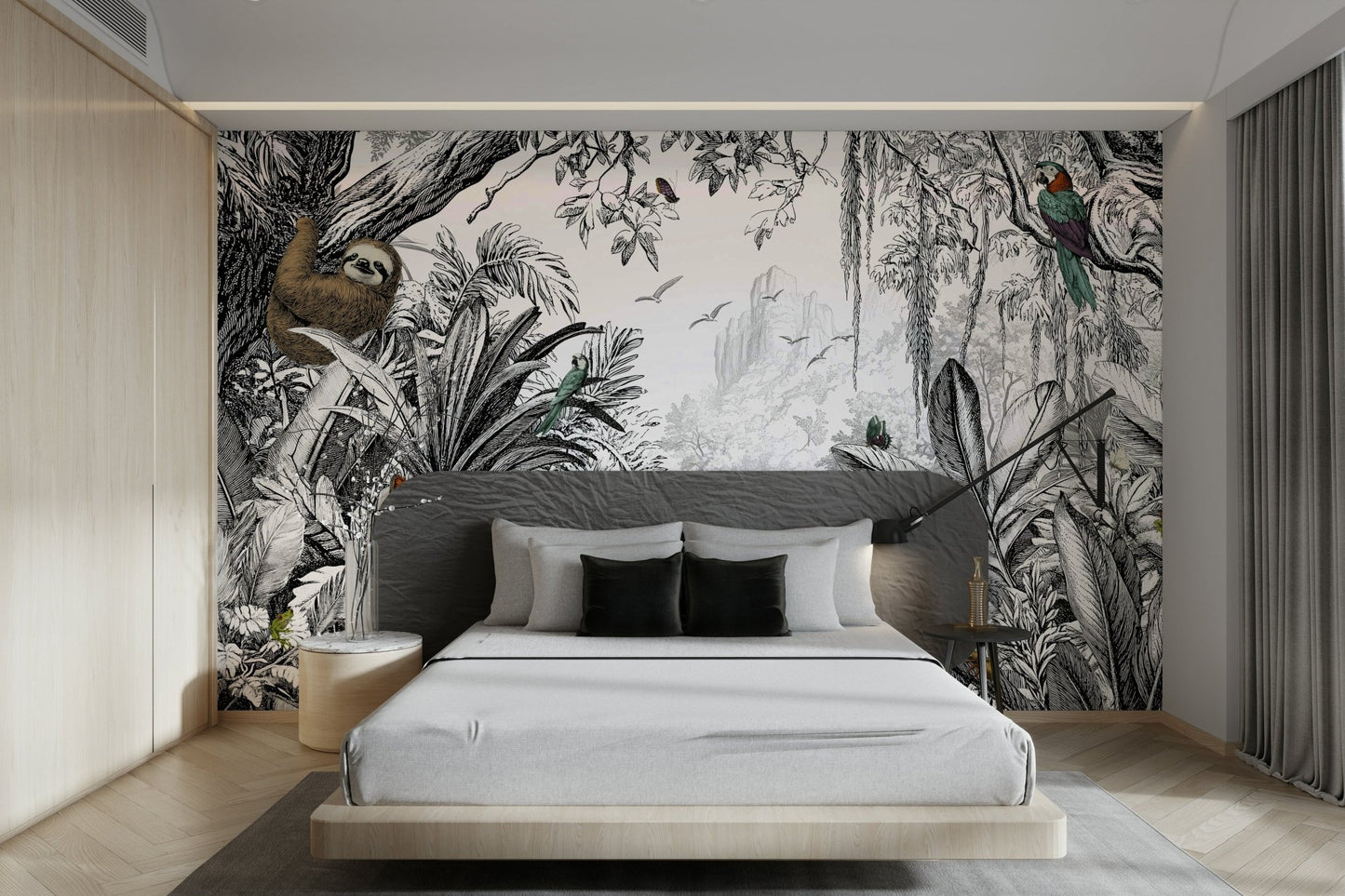 Wild jungle mural in black and white for modern spaces.

