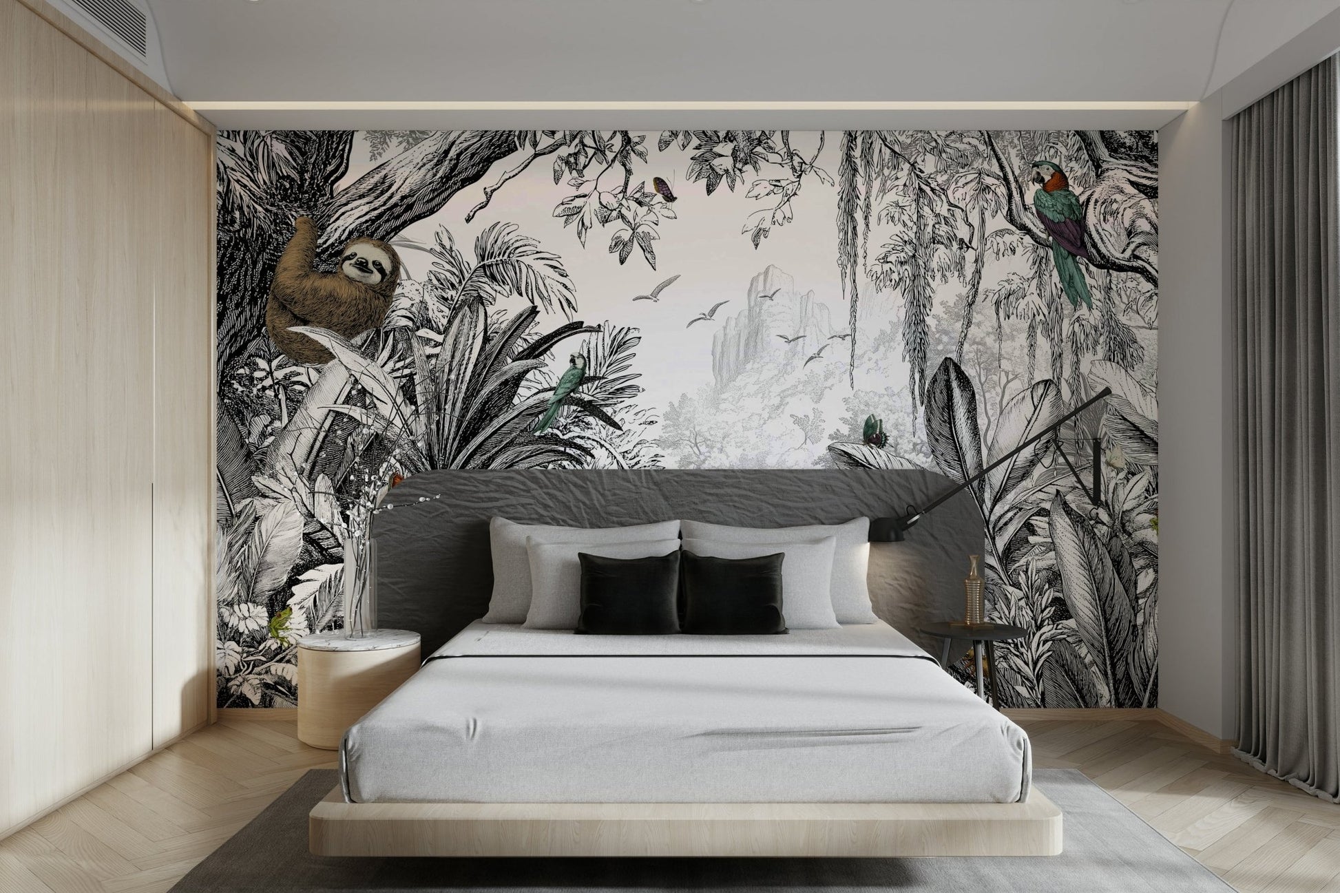 Wild jungle mural in black and white for modern spaces.

