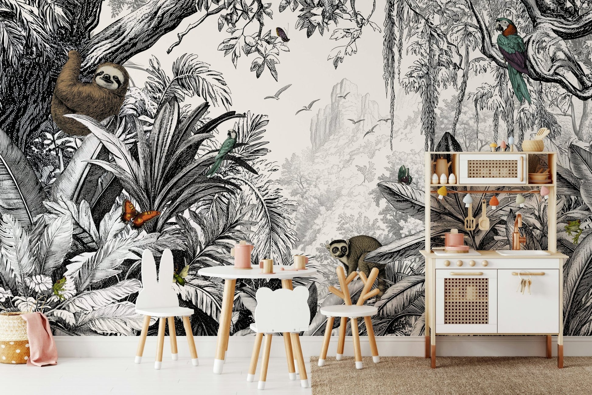 Monochrome jungle mural for stylish home interiors.

