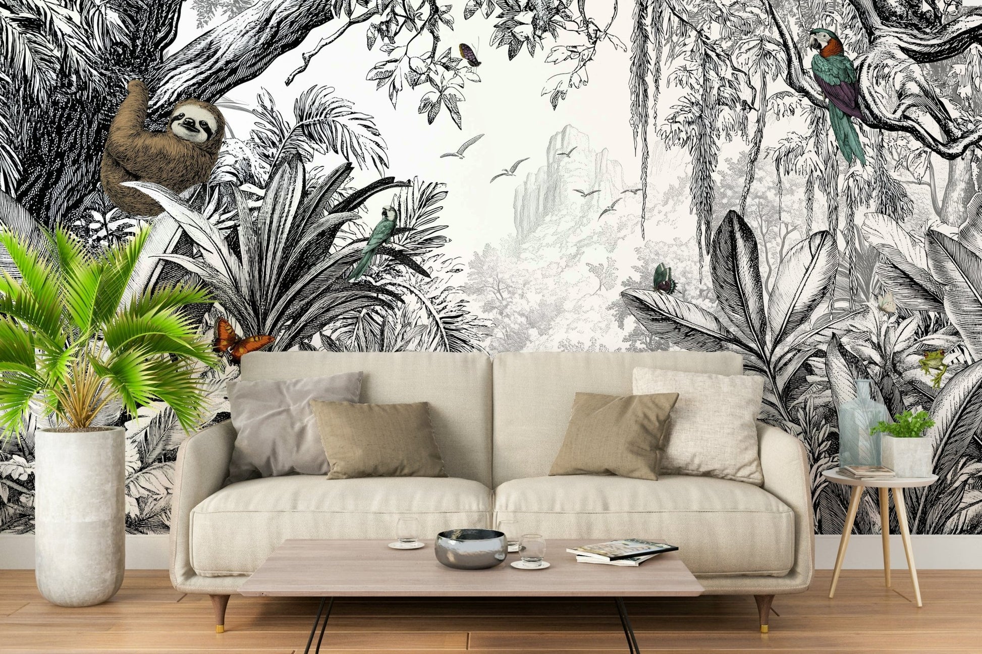 Exotic jungle scene in black and white wallpaper design.

