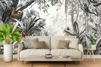 Exotic jungle scene in black and white wallpaper design.

