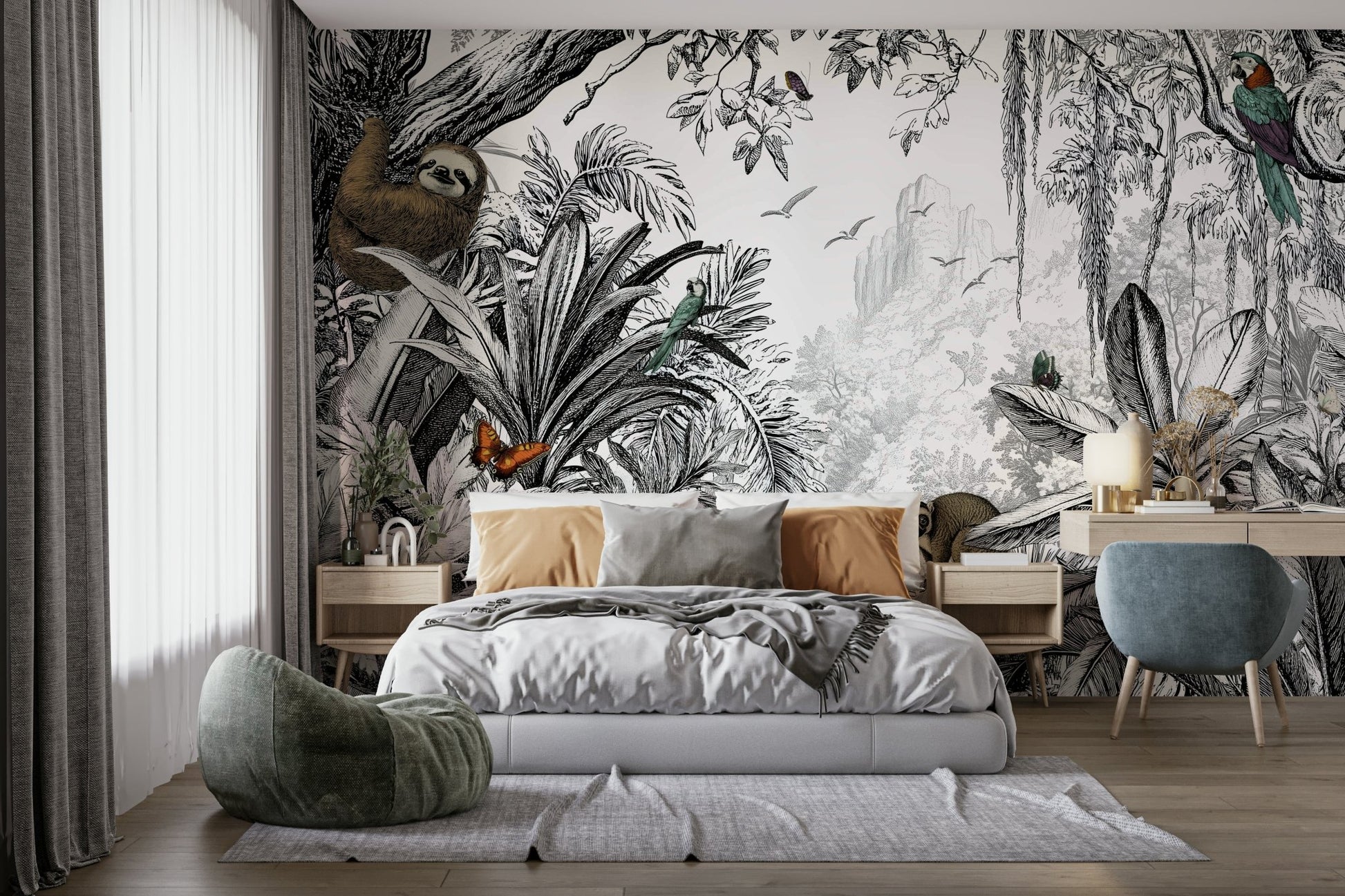 Chic black and white jungle wallpaper for contemporary rooms.

