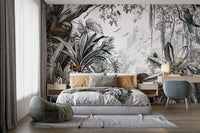 Chic black and white jungle wallpaper for contemporary rooms.

