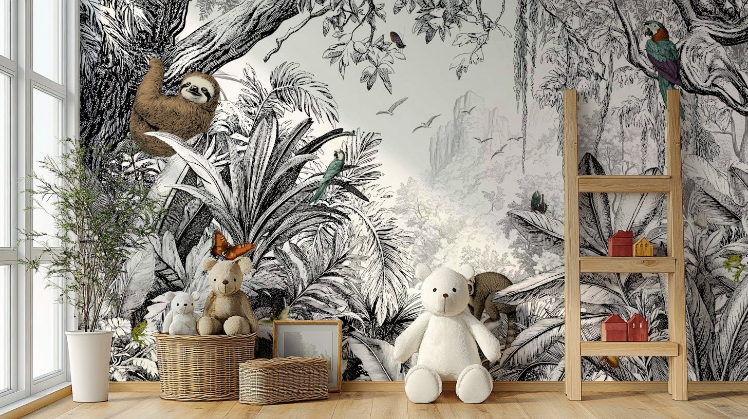 Monochromatic jungle design mural for nature-inspired walls.

