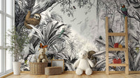 Monochromatic jungle design mural for nature-inspired walls.

