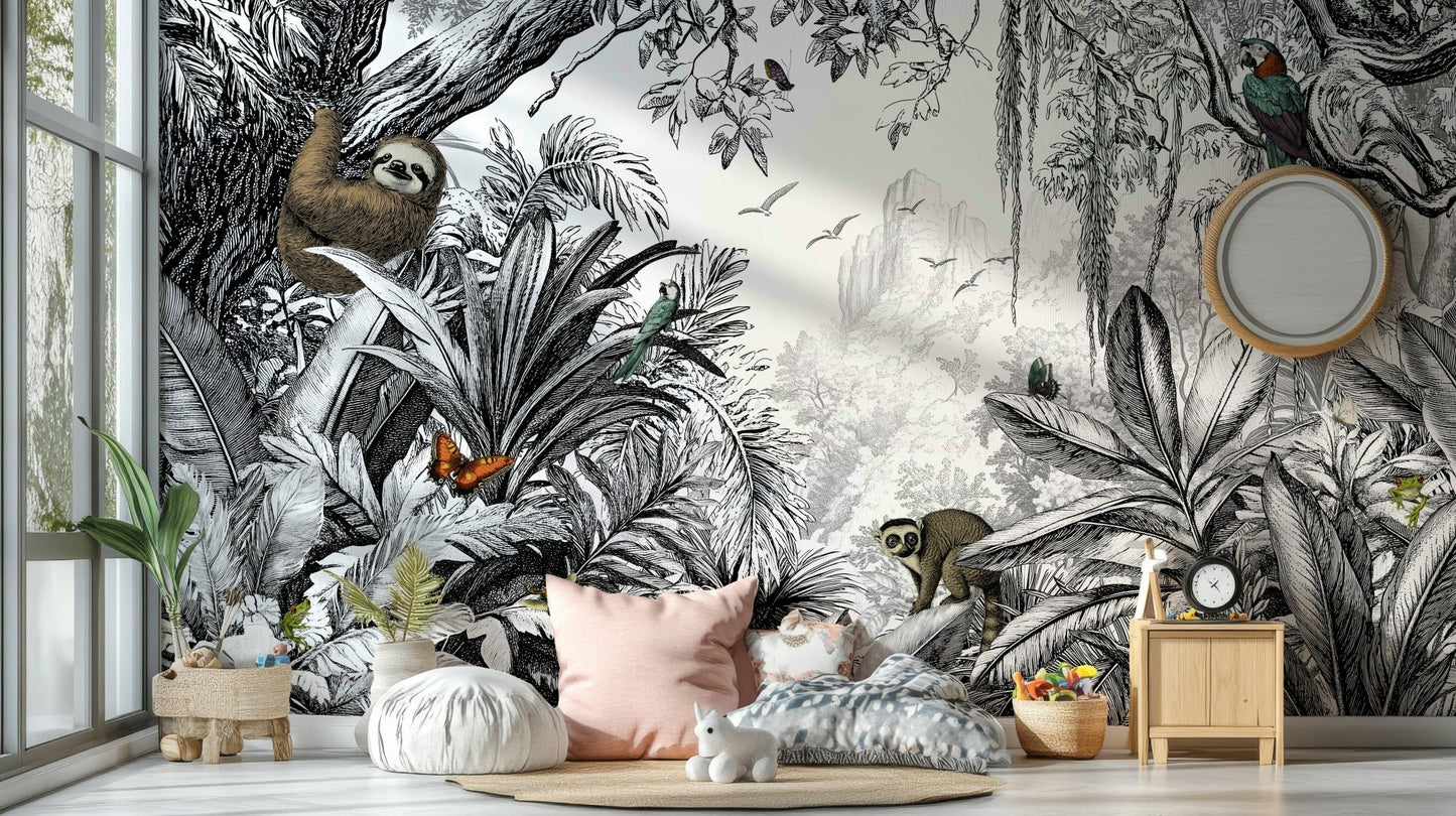 Stunning jungle landscape mural in black and white tones.

