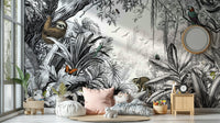 Stunning jungle landscape mural in black and white tones.

