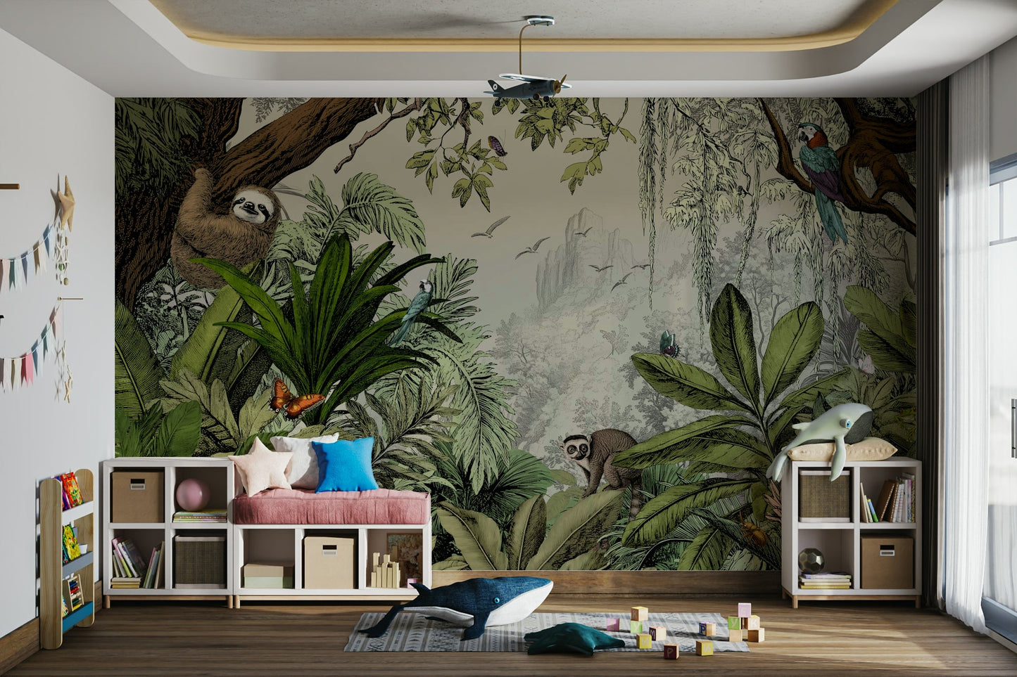 Deep jungle ambiance wallpaper with green leaves design

