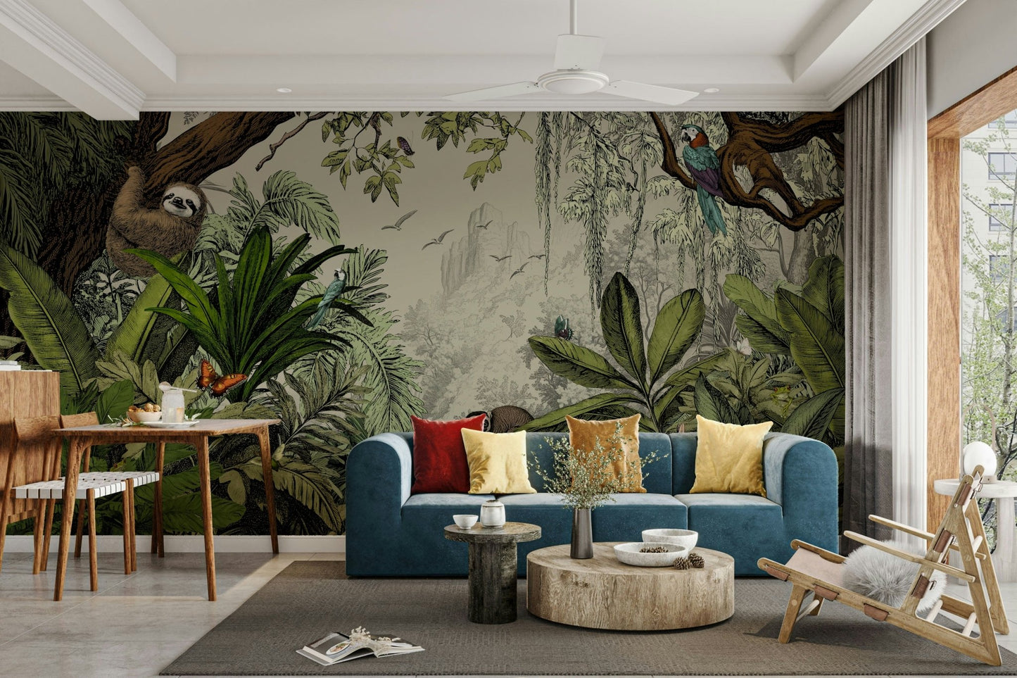 Serene jungle wallpaper with tropical foliage details

