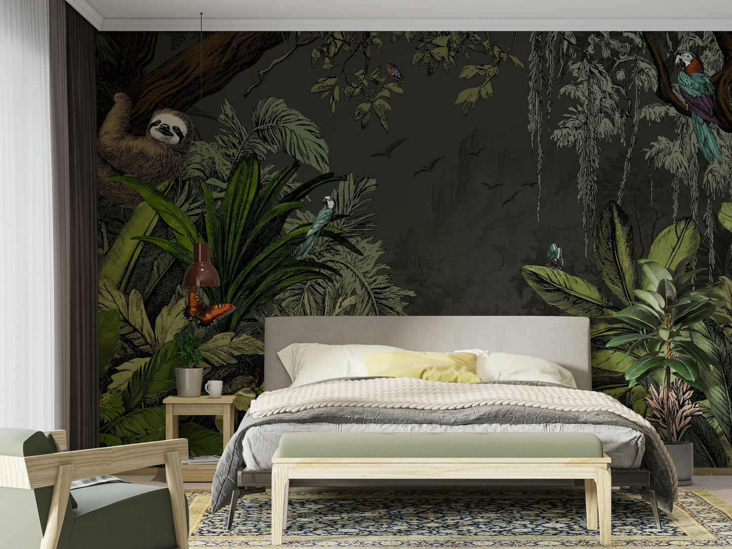 Tropical jungle night mural with starry sky

