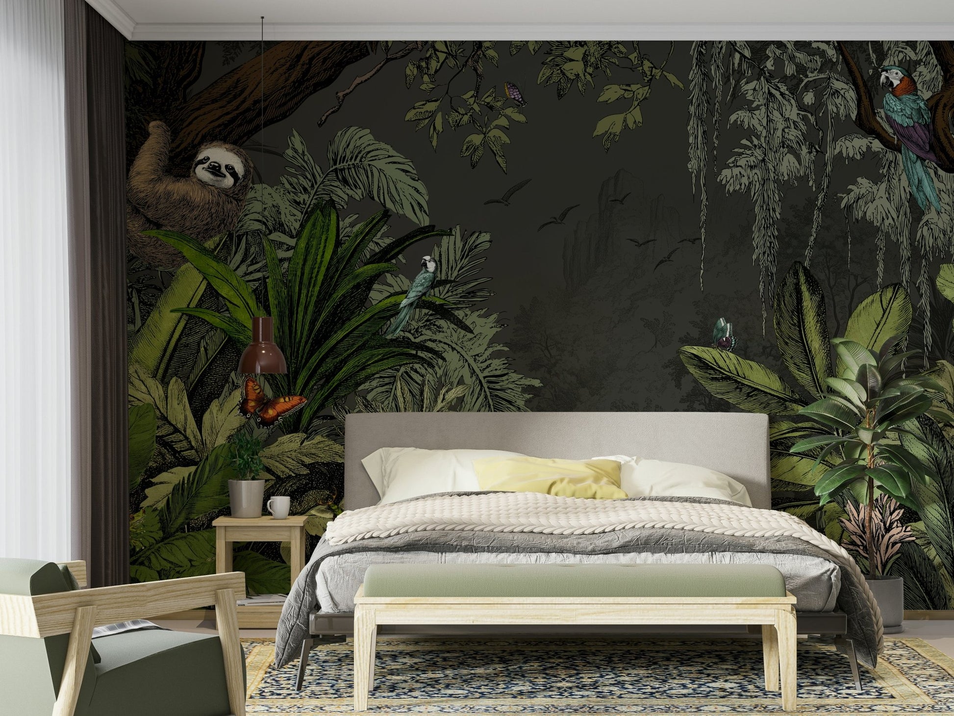 Tropical jungle night mural with starry sky

