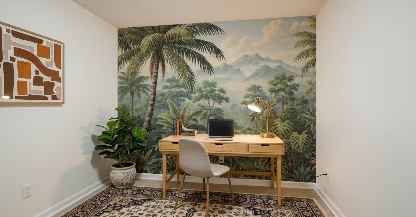 Exotic foliage patterns define artistic rainforest wallpaper for walls., GD7490