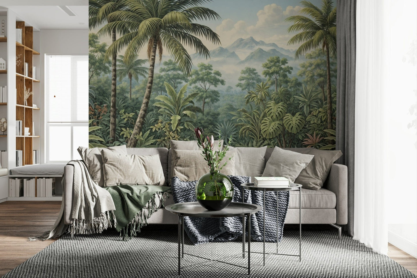 Foggy hills peak behind dense rainforest mural wallpaper., GD7490
