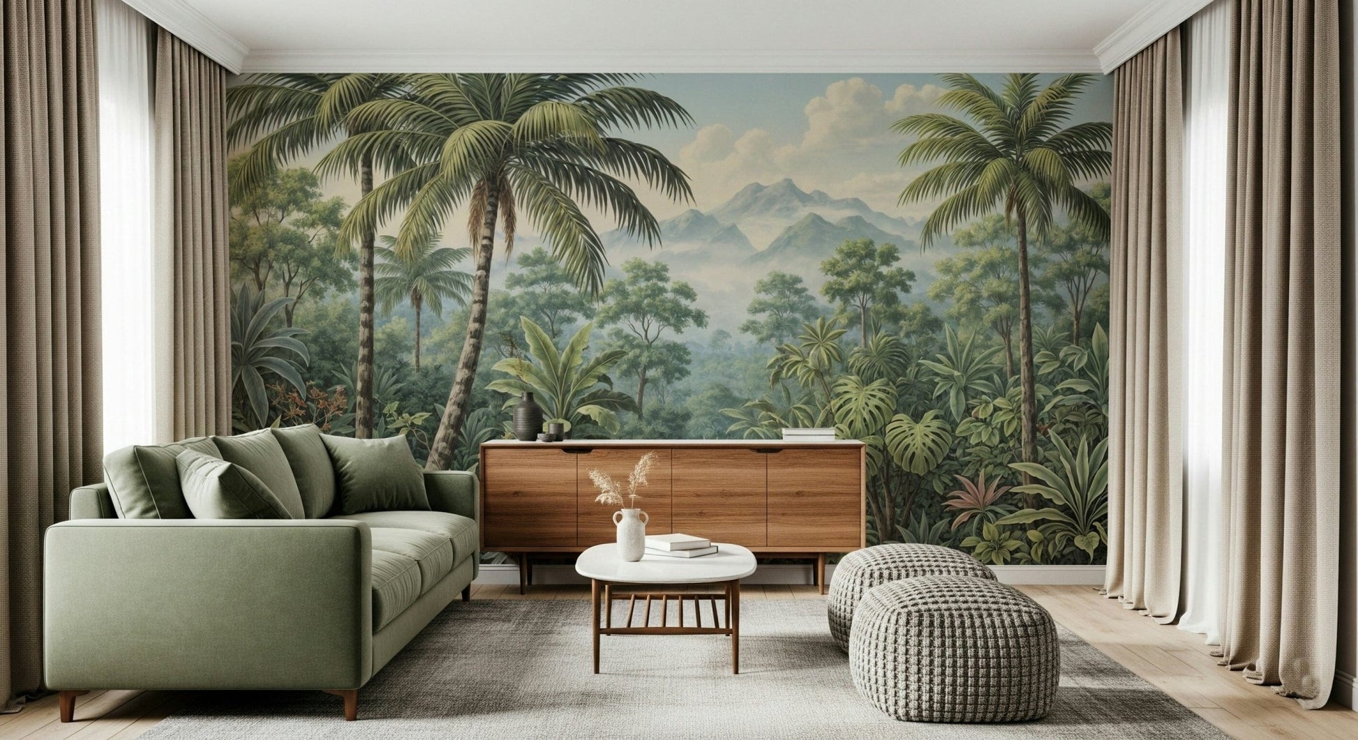Monstera leaves highlight exotic greenery within Jungle Vista wallpaper., GD7490