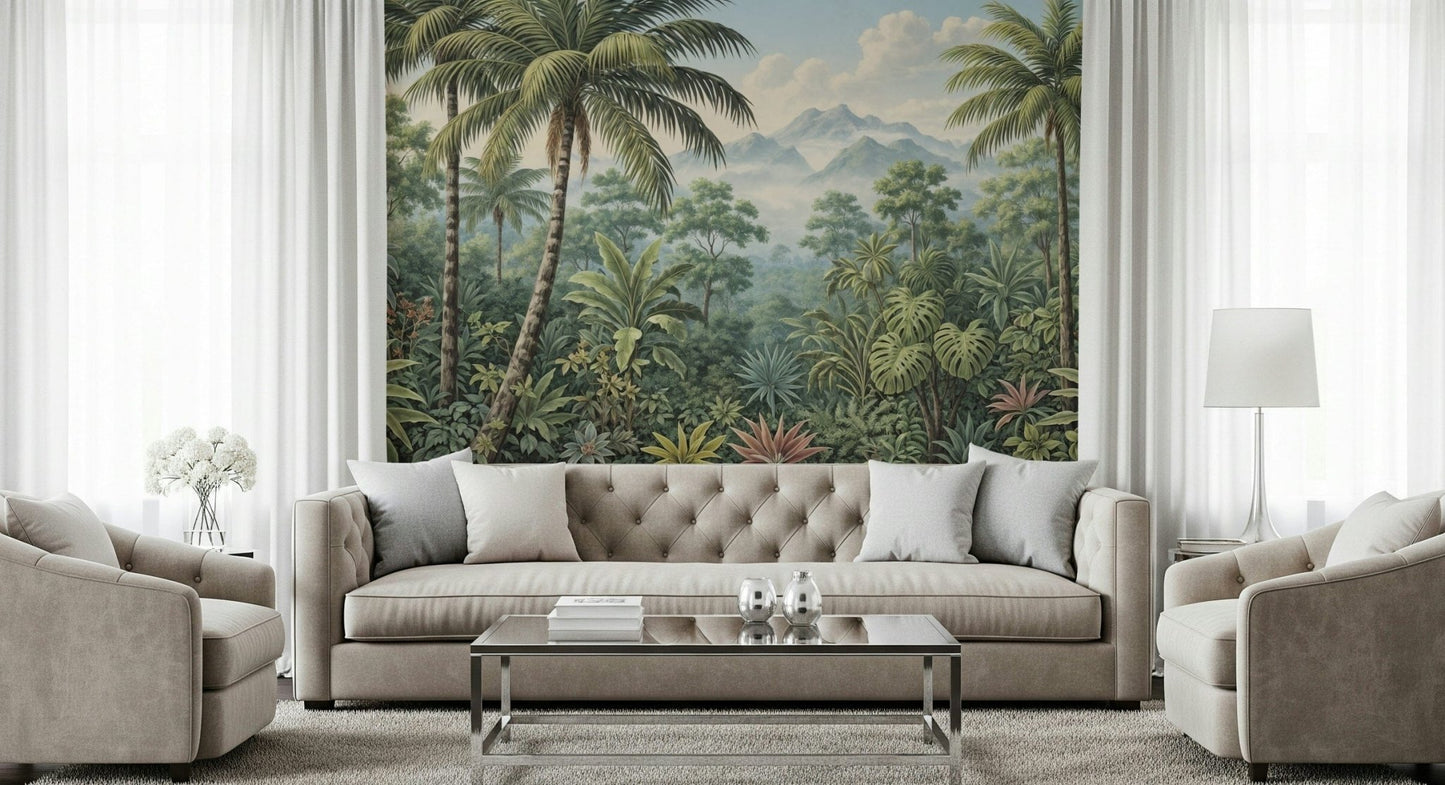 Verdant jungle canopy creates serene atmosphere on wall mural., GD7490