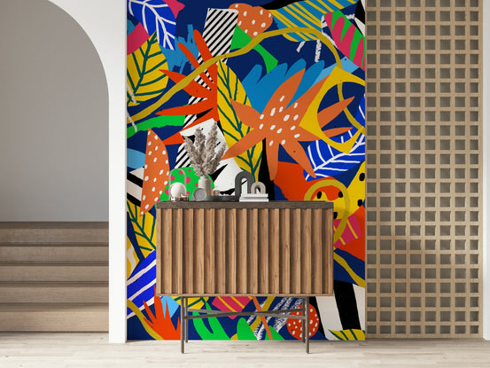 Vibrant tropical foliage patterns on a dark blue base Jungle Wall Mural GD5367