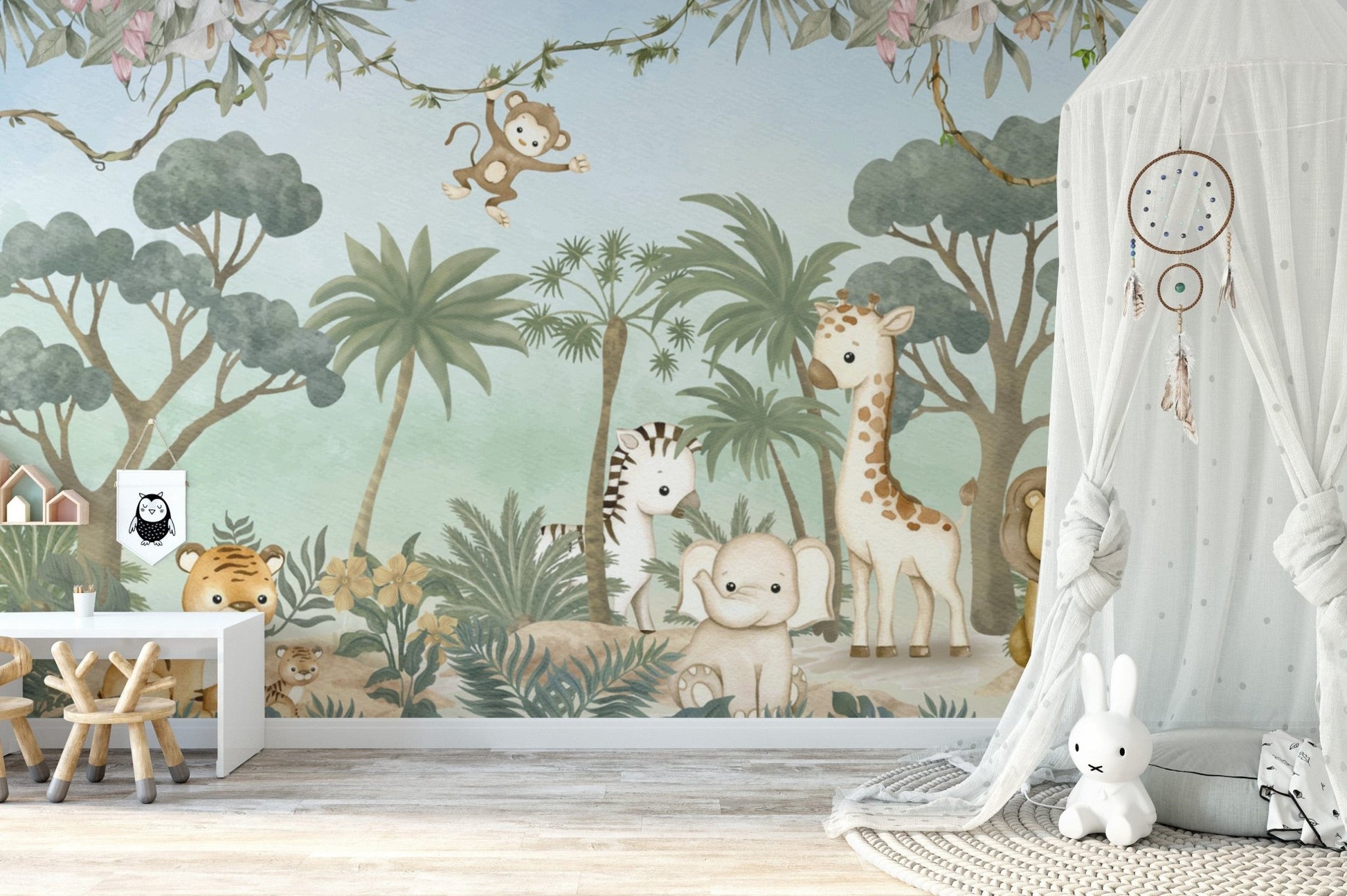 Tropical wildlife nursery wallpaper design
