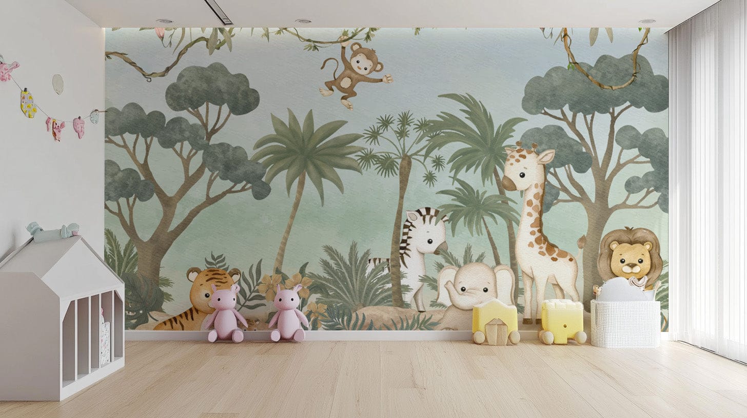 Playful jungle animals children’s wallpaper
