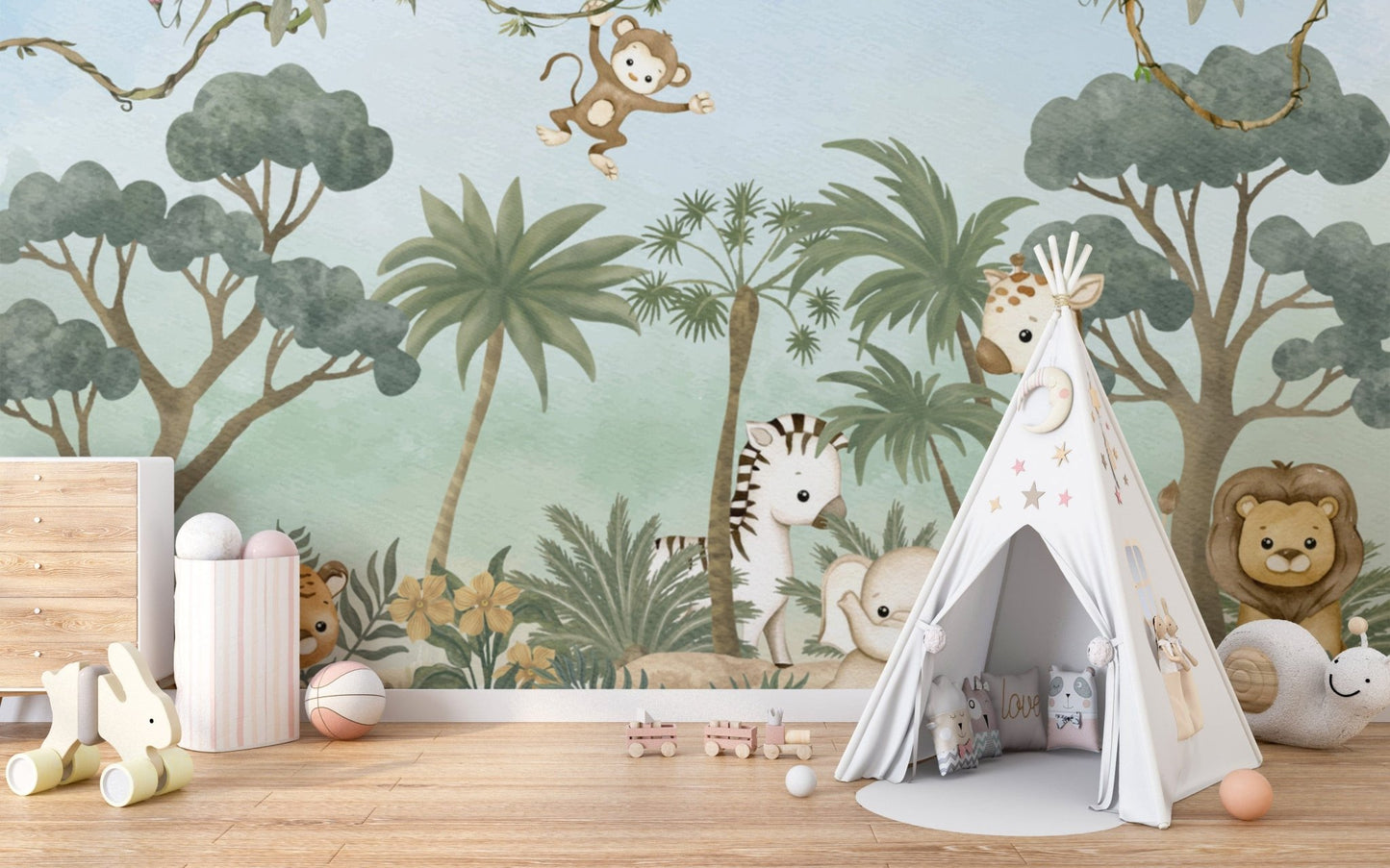 Jungle friends nursery wallpaper mural
