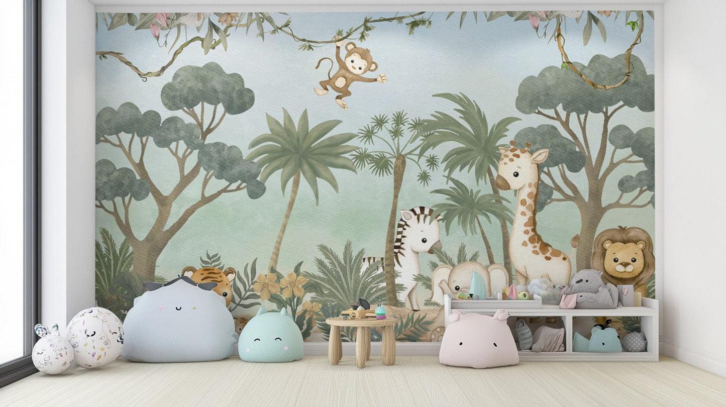 Baby animals jungle nursery wallpaper
