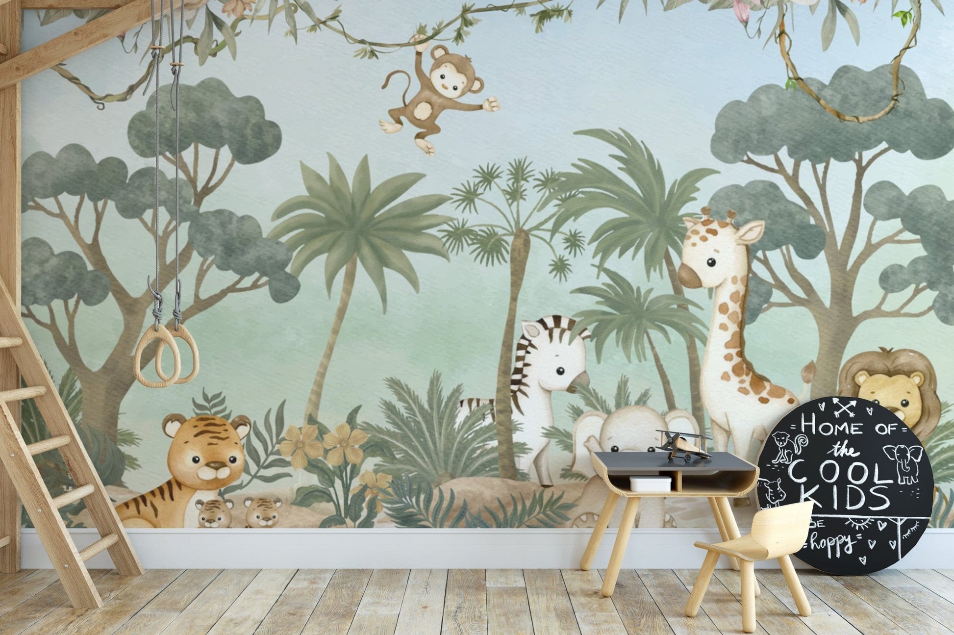 Jungle wildlife nursery wallpaper design
