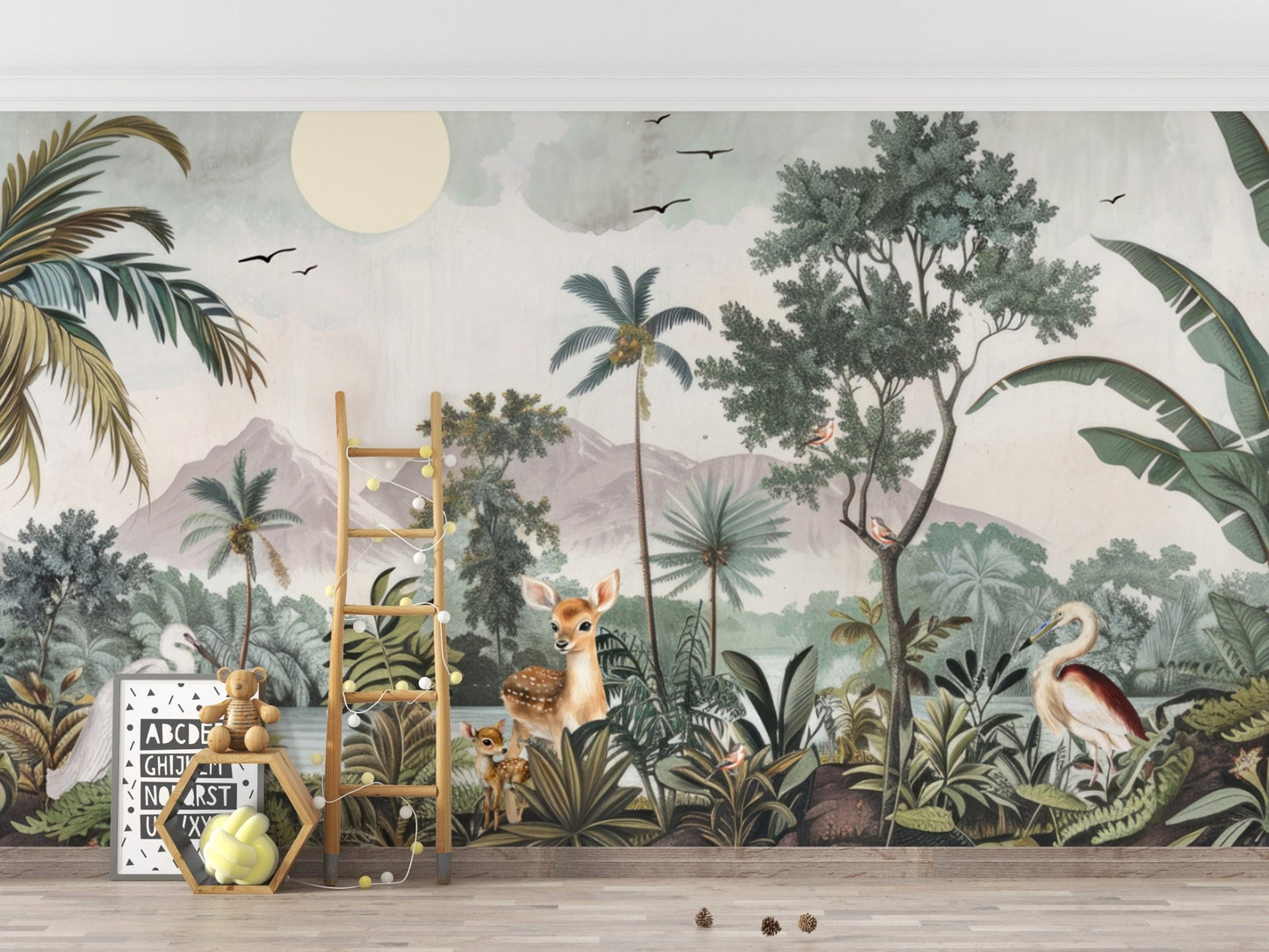 Vibrant Jungle Wildlife Wall Mural Design
