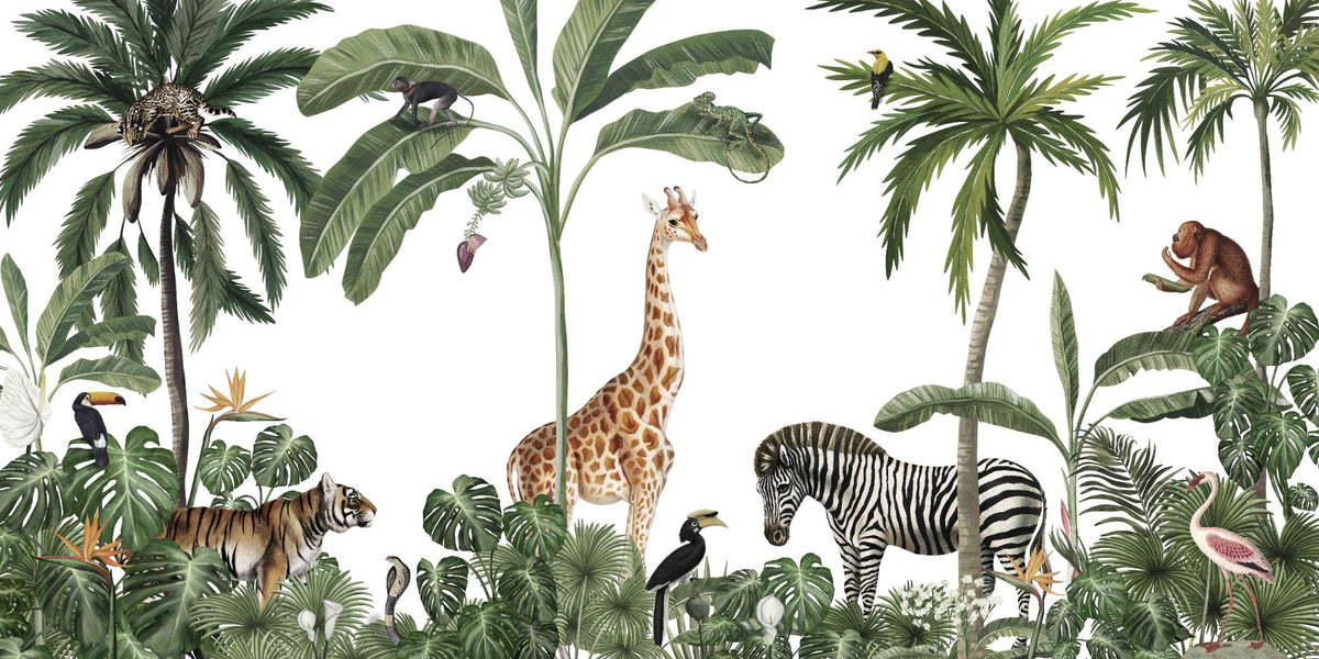 Tropical forest wild animals & trees wallpaper